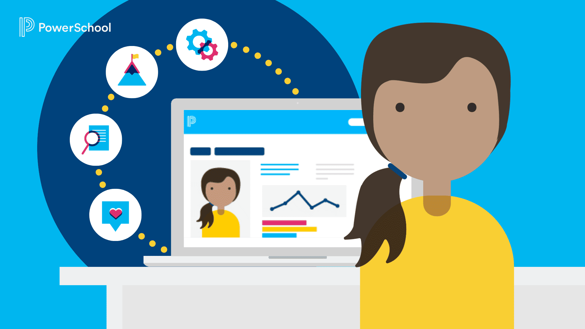 Header image showing a teacher at a computer, using software to communicate with families.