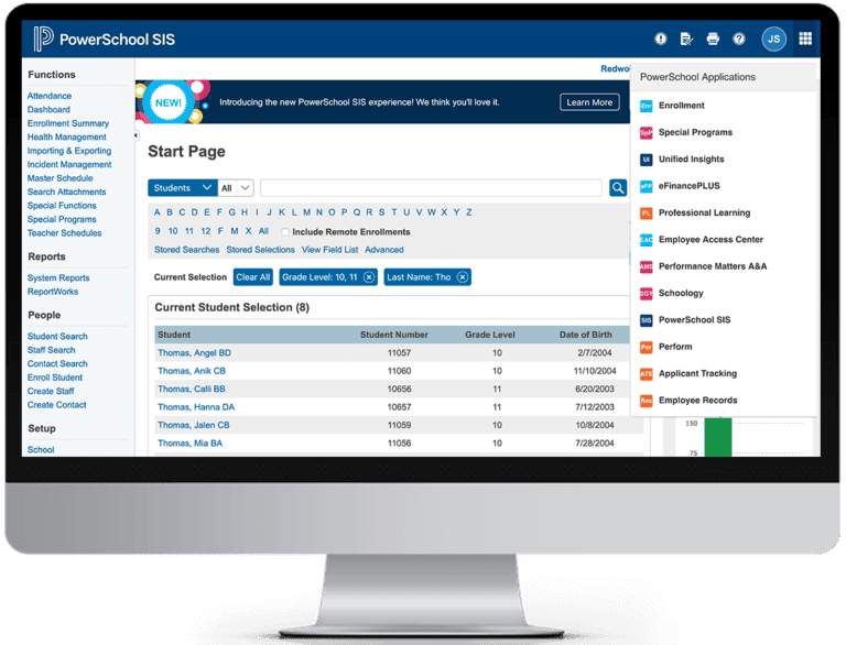 Student Information Systems screengrab showing SIS integrating with other PowerSchool applications