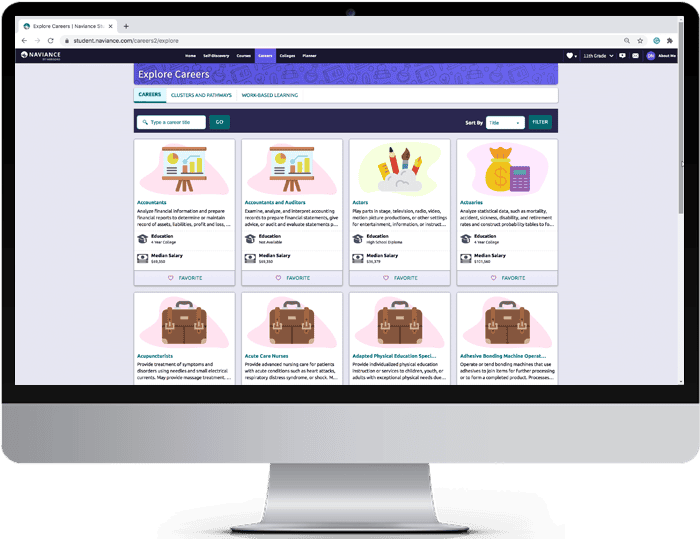 Career information & postsecondary goal planning for students in Naviance software user interface
