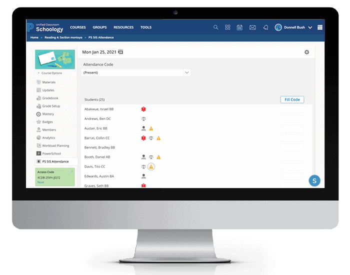 schoology learning management user interface screengrab showing class attendance for teachers