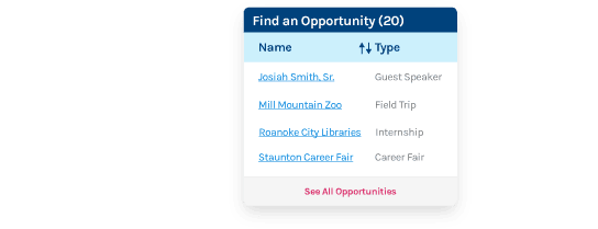 Naviance by PowerSchool product widget showing opportunities for high schoolers