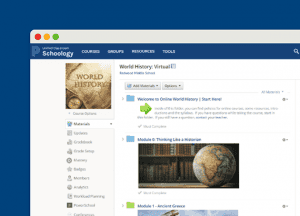 Unified Classroom Schoology software user interface with a virtual lesson for a k-12 history class