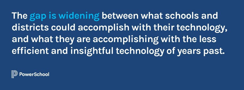 The gap is widening between what schools and districts could accomplish with their technology, and what they are accomplishing with the less efficient and insightful technology of years past.