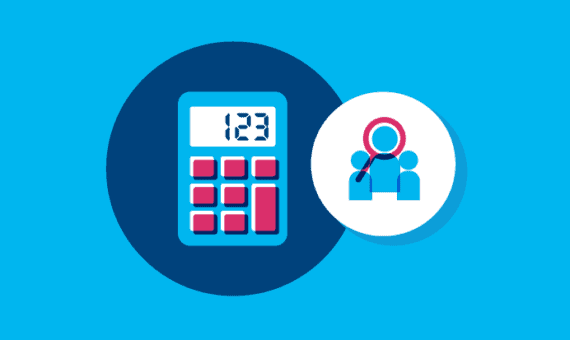 Blue and pink illustrated calculator next to an icon of a magnifying glass above 3 people