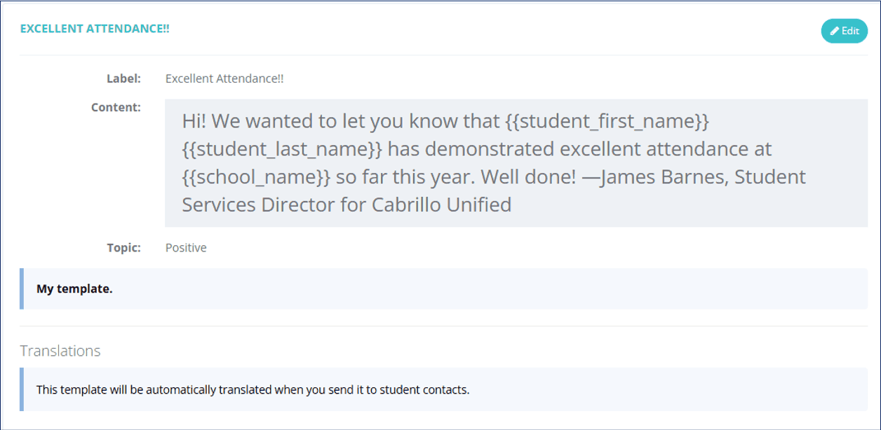 A screenshot of an “excellent attendance” personalized digital postcard from Cabrillo USD
