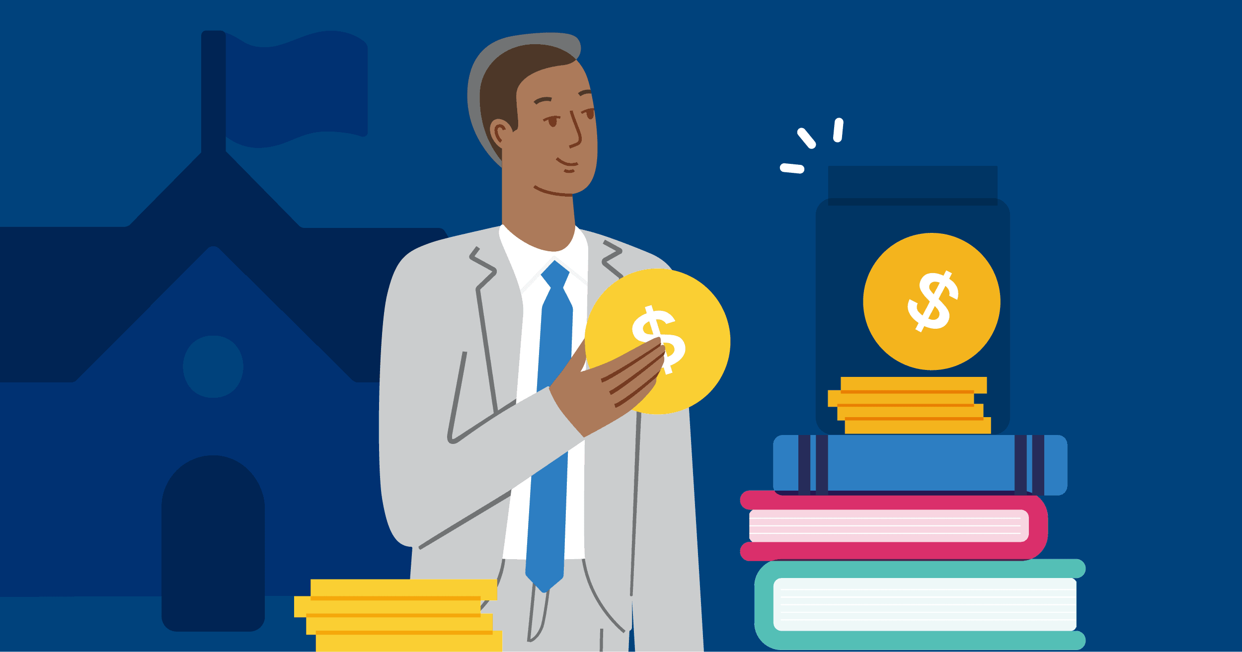 Image of a school administrator holding a coin, symbolizing school finance, with money jars, books, and a school building in the background.